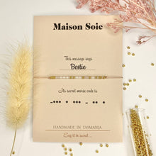 Load image into Gallery viewer, Morse Code Bracelet spelling out 'Bestie', presented on a printed display card