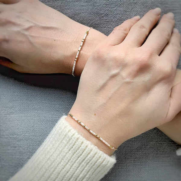 'Besties' matching Morse Code bead bracelets - close up detail of adjustable sliding bead