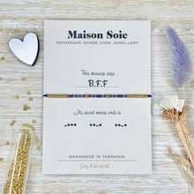 Load image into Gallery viewer, Morse Code Bead Bracelet displayed on a presentation card - the beads are arranged using Morse Code to spell out 'BFF'