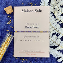 Load image into Gallery viewer, Morse Code Bracelet spelling out 'Carpe Diem' (Seize The Day), displayed on presentation card