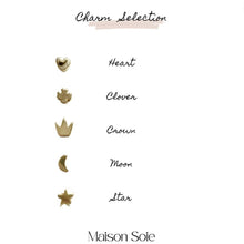 Load image into Gallery viewer, Choice of charms for our Custom Made Wish Bracelets - choose from Heart, Clover, Crown, Moon, or Star shapes