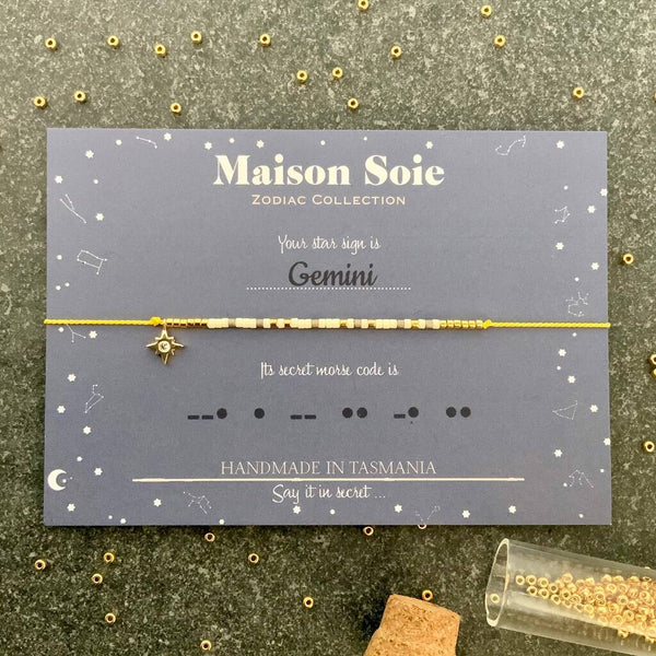 Zodiac Collection Morse Code Bracelet - The beads are arranged to spell 'Gemini'
