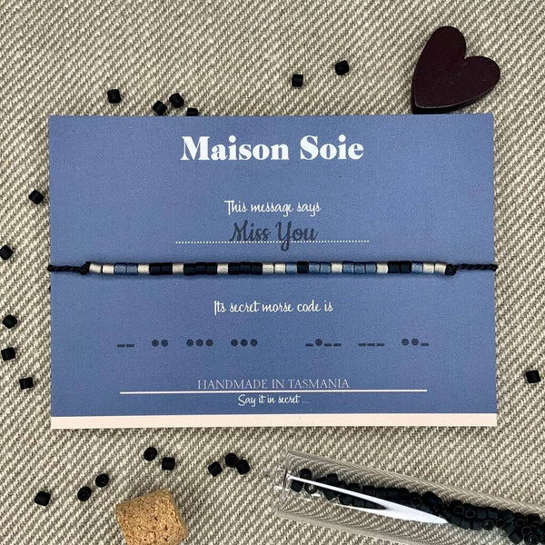 Mens Morse Code Bracelet - The beads are arranged to spell 'Miss You'