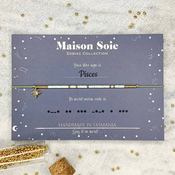 Zodiac Collection Morse Code Bracelet - The beads are arranged to spell 'Pisces'