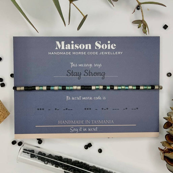 Mens Morse Code Bracelet - The beads are arranged to spell 'Stay Strong'