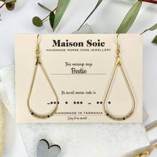 Load image into Gallery viewer, Morse Code Earrings displayed on a presentation card - the beads are arranged using Morse Code to spell out the word &#39;Bestie&#39;
