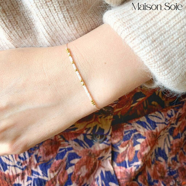 Close-up photo showing the detail of the adjustable sliding bead on our 'Bestie' Morse Code Bracelet