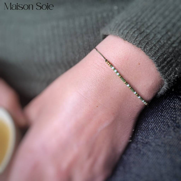 'Courage' Morse Code bead bracelet - close up photo showing the detail of the adjustable sliding bead