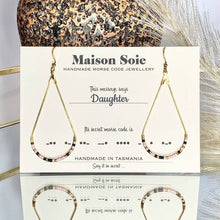 Load image into Gallery viewer, Morse Code Earrings displayed on a presentation card - the beads are arranged using Morse Code to spell out the word &#39;Daughter&#39;
