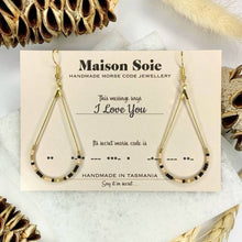 Load image into Gallery viewer, Morse Code Earrings displayed on a presentation card - the beads are arranged using Morse Code to spell out the word &#39;I Love You&#39;
