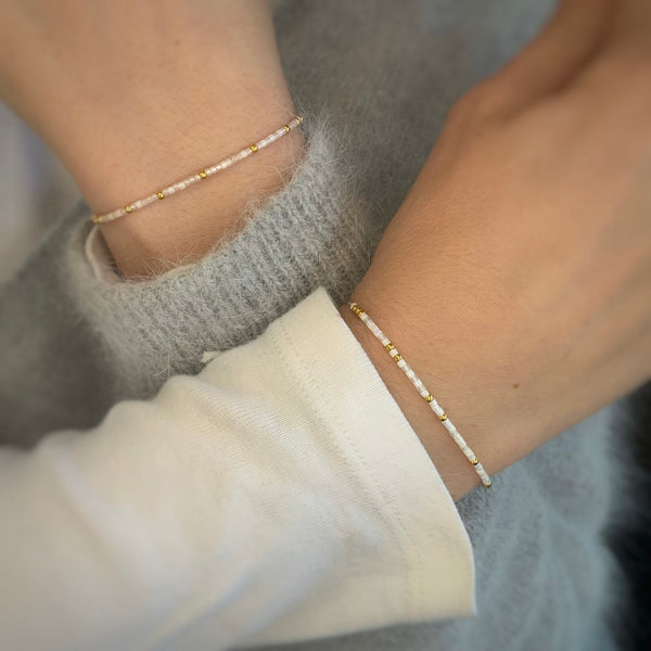 Close-up photo showing the detail of the beads on our 'Je t'aime' Morse Code Bracelet - French for 'I Love You'