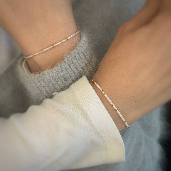 Close-up photo showing the detail of the adjustable sliding bead on our 'Valentine' Morse Code Bracelet